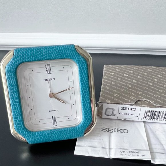 HTF Vintage Seiko Japan Leather Travel Folding Desk Alarm Clock Tiffany Blue NIB - Picture 1 of 6